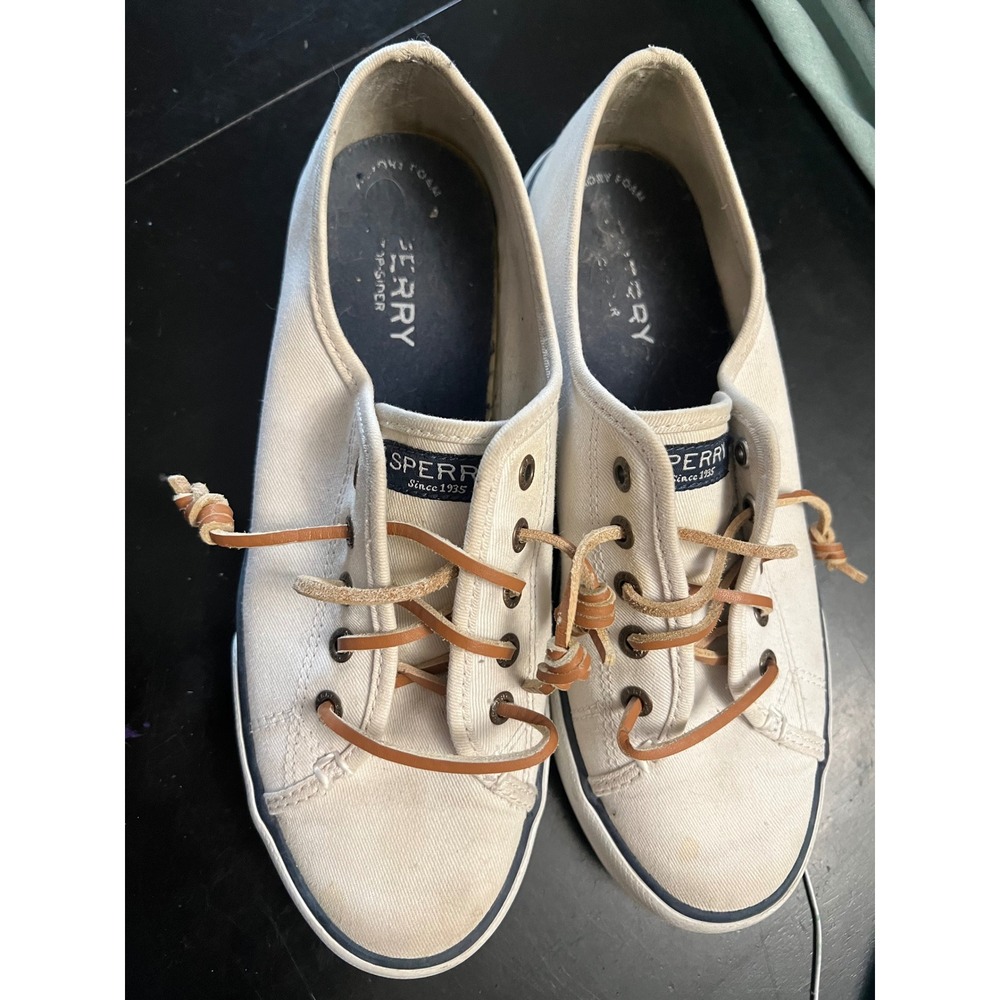 Sperry Women's Canvas coastal Boat Sneakers Cream Leather Lace Casual Shoes sz 7